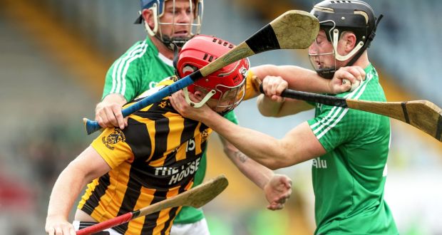 Shelmaliers’ Joe Kelly and Sean Doyle of Naomh Eanna in action during Sunday’s Wexford hurling final. Photograph: Inpho