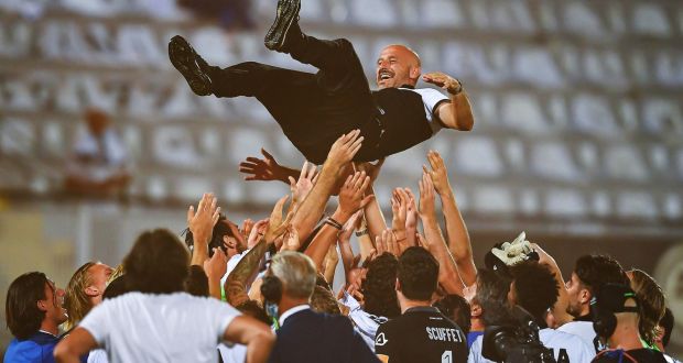  Spezia’s  coach Vincenzo Italiano is lifted by players after his  team was  promoted to Serie A this month. Photograph:  EPA/Simone Arveda