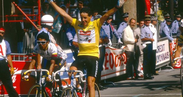 Stephen Roche in the yellow jersey during the 1987 Tour de France. Photograph:  Nutan/Gamma-Rapho via Getty Images