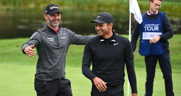  Paul Waring  shares a joke with Julian Suri  during day two of the UK Championship at The Belfry  in Sutton Coldfield. Photograph: Ross Kinnaird/Getty Images