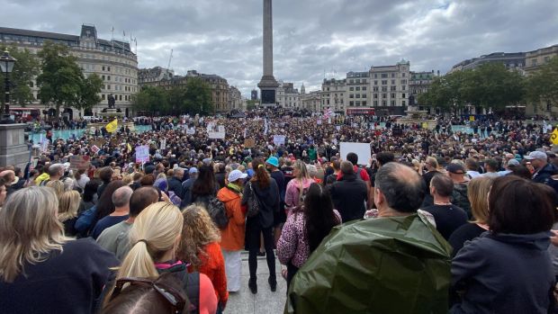 Anti-mask protesters at Trafalgar Square in London. Photograph: Peter Summers/Getty Images