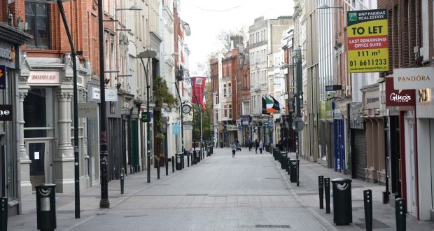 An empty Grafton Street in April. Footfall levels are currently at about 50% of pre-Covid levels on Grafton Street, accordking to Dublin City Council. Photograph: Dara Mac Dónaill 