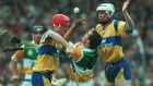 Brian and Frank Lohan of Clare  tackle Johnny Dooley of Offaly during the 1995 All-Ireland hurling final. Photograph:     Patrick Bolger/Inpho