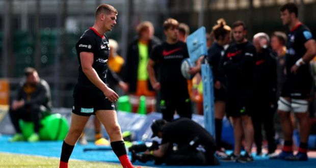 Owen Farrell of Saracens leaves the field of play after being sent off during the Gallagher Premiership match against  Wasps at Allianz Park. Photograph: Clive Rose/Getty Images
