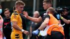Saracens’ Owen Farrell  apologises to Charlie Atkinson of Wasps after being sent off for a high tackle on him during the Gallagher Premiership  match at the Allianz Stadium on Saturday. Photograph: Clive Rose/Getty Images