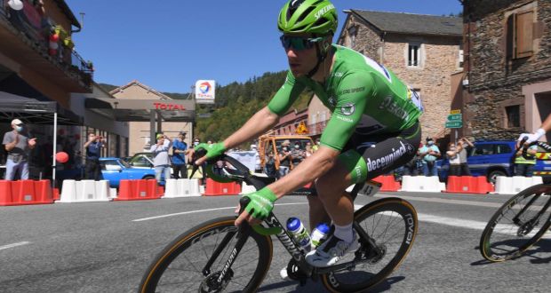 Ireland’s Sam Bennett wearing the Tour de France green jersey during stage 7 from Millau to Lavaur. Photograph: Tim de Waele/Getty Images
