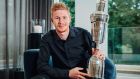 Manchester City’s Kevin De Bruyne shows off his PFA men’s player of the year award. Photograph:  Manchester City Football Club/PA Wire