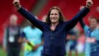 Wycombe Wanderers manager  Gareth Ainsworth  celebrates after the  League One playoff final against  Oxford United at Wembley Stadium. Photograph:  Catherine Ivill/Getty Images