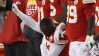 Alex Okafor of the Kansas City Chiefs takes a knee during the national anthem at Arrowhead Stadium. Photograph: Getty Images
