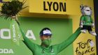 Ireland’s Sam Bennett celebrates in the green jersey after Stage 14 of the Tour de France. Photograph: Anne-Christine Poujoulat/Getty/AFP