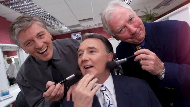 Pat Kenny and Gay Byrne get Mike Murphy ready for his tribute show on the Late Late in 2000. Photograph: Julian Behal/Maxwell’s Dublin