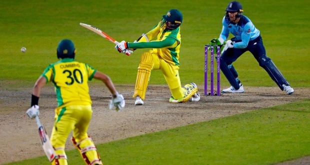 Australia’s Mitchell Starc hits the winning runs in the last over of the third One-Day International against England at Old Trafford. Photograph: Jason Cairnduff/AFP via Getty Images