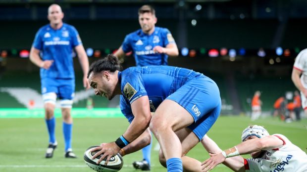 James Low scores for Leinster against Ulster in the Pro14 final. Photograph: Billy Stickland/Inpho