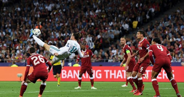 Gareth Bale scores for Real Madrid in their 2018 European Cup final win in Kiev. Photograph: David Ramos/Getty