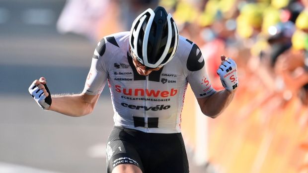 Denmark’s Soren Kragh Andersen of Team Sunweb celebrates winning stage 19 of the Tour de France from Bourge-en-Bresse to Champagnole. Photograph: Marco Bertorello/EPA