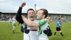 London’s Seán Kelly and Brian Collins celebrate at the final whistle after the victory over Leitrim in the 2013 Connacht SFC semi-final replay at  Dr Hyde Park in Roscommon. Photograph: Mike Shaughnessy/Inpho