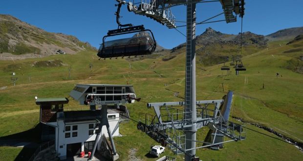 A ski lift operating for summer tourists crosses another at Flimjoch mountain on September 9th, 2020 in Ischgl, Austria. Photograph: Sean Gallup/Getty