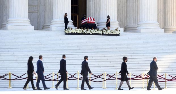 The casket of US supreme court justice Ruth Bader Ginsburg at the US supreme court in Washington, DC. Photograph: Saul Loeb/AFP via Getty Images
