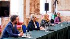 From left to right: SDLP’s Colum Eastwood, Sinn Féin’s Michelle O’Neill, Alliance Party’s Naomi Long and Green Party’s Clare Bailey in the meeting with Minister for Foreign Affairs Simon Coveney in Dublin on Thursday. Photograph: Tom Honan/PA Wire
