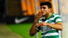  Mohamed Elyounoussi celebrates scoring  Celtic’s late winner in the   Europa League third qualifying round against FK Riga at the Daugava stadium in Riga. Photograph: Toms Kalnins/EPA