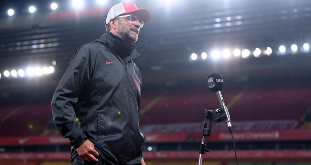 Liverpool manager Jurgen Klopp talks to the media after his team’s win over Arsenal. Photograph: EPA
