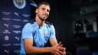 Manchester City unveil new signing Rúben Dias (23) at the Etihad Stadium  in Manchester on Tuesday. Photograph:  Matt McNulty/Manchester City FC via Getty Images