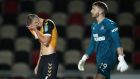 Newport County’s Brandon Cooper reacts after missing during the penalty shoot-out with Newcastle United during the Carabao Cup fourth-round tie  at Rodney Parade. Photograph:  Alex Pantling/AFP via Getty Images