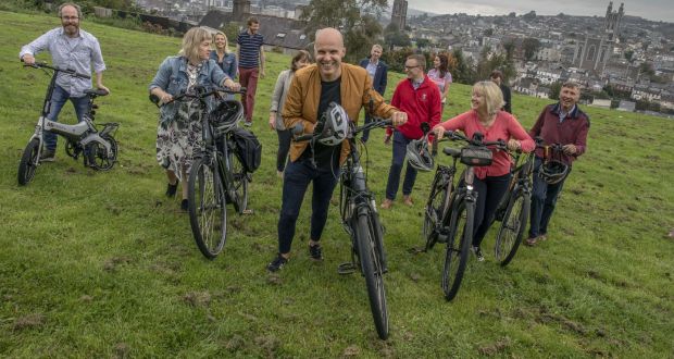 E-bike ambassadors Stevie G (centre) and Deirdre O’Shaughnessy (second left), partners in the Cork We-Bike campaign, at the launch of the new wE-Bike campaign, promoting the use of e-bikes across Cork city and county. Photograph: Clare Keogh