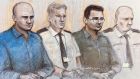  Gheorghe Nica (left) and Eamonn Harrison (right) two of four men to face trial, at the Old Bailey in London, for being part of an alleged people-smuggling ring linked to the deaths of 39 migrants in a lorry in Essex.  Image: Sketch by court artist Elizabeth Cook/PA 