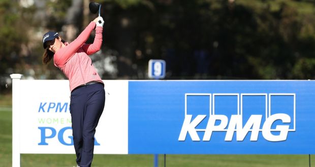 Leona Maguire of Ireland tees off from the 11th tee during the first round of the 2020 KPMG Women’s PGA Championship at Aronimink Golf Club in Newtown Square, Pennsylvania. Photo: Patrick Smith/Getty Images