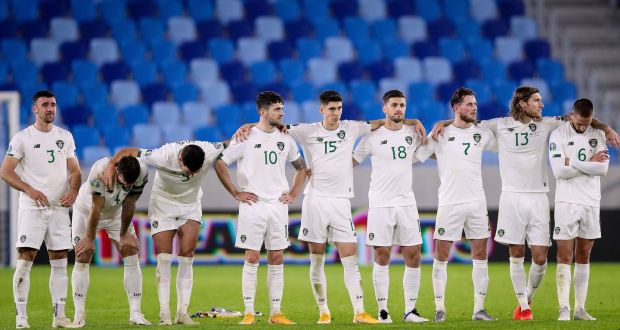 Ireland players watch the penalty shootout during the Euro 2020 playoff semi-final loss to Slovakia. Photo: Tommy Dickson/Inpho