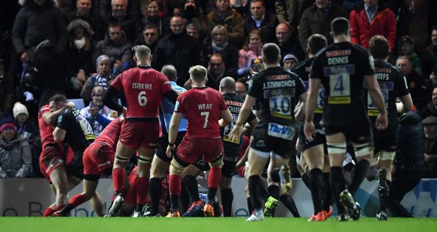  A fight breaks out during the Gallagher Premiership Rugby match between Exeter Chiefs and Saracens at Sandy Park Stadium in December, 2019. Photograph: Alex Davidson/Getty Images