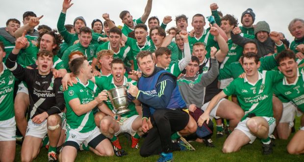 Moycullen’s players celebrate beating Mountbellew-Moylough in the Galway SFC Final at Pearse Stadium in Salthill. Photograph:  James Crombie/Inpho