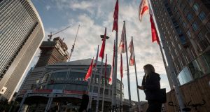 Flags at the  2020 Frankfurt Book Fair, the world’s largest fair for books,   taking place in Frankfurt in  Germany on Tuesday on a smaller scale this year. Photograph: Photograph: Thomas Lohnes/EPA