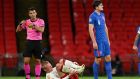 Harry Maguire is shown a red card in the first half against Denmark. Photograph: Daniel Leal Olivas/PA