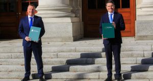 Minister for Public Expenditure Michael McGrath and  Minister for Finance Paschal Donohoe announced  the details of Budget 2021  on Tuesday. Photograph: Gareth Chaney/Collins