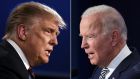  US president Donald Trump and Democratic nominee Joe Biden: The average of national polls run by Real Clear Politics has put Biden’s lead at about nine percentage points. Photograph:  Jim Watson, Saul Loeb/AFP via Getty Images