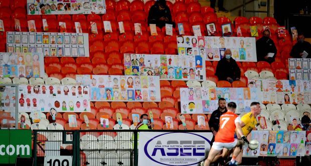 Self-portraits from more than 3,000 primary school children across Armagh in the stands during the Allianz Football League Division 2 game between Armagh and Roscommon on Saturday. Photograph: Ryan Byrne/Inpho
