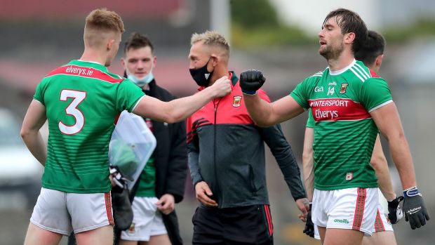 Mayo’s David McBrien and Aidan O’Shea celebrate after their convincing win over Galway. Photo: Bryan Keane/Inpho
