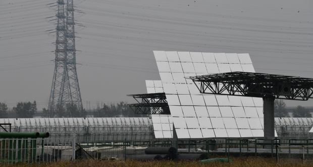 Polluted skies over a solar power generation base in Yanqing, north of Beijing, in September. Photograph: Greg Baker/AFP via Getty Images