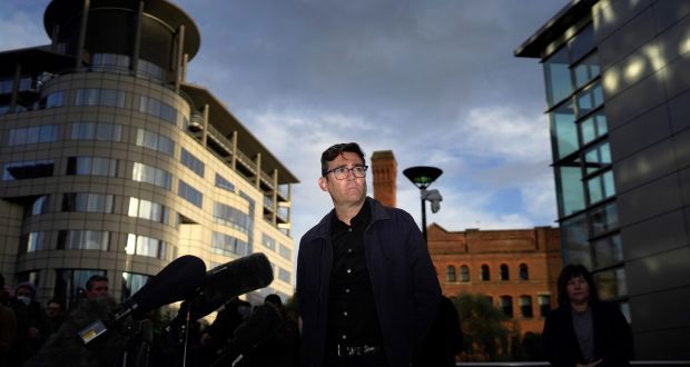 Greater Manchester mayor Andy Burnham speaks to the media outside Bridgewater Hall, in the shadow of the North West Nightingale Hospital at Manchester Central, on Tuesday. Photograph: Christopher Furlong/Getty Images