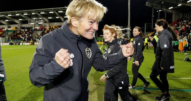 Vera Pauw celebrates Ireland’s win over Ukraine last October. Photograph: Laszlo Geczo/Inpho