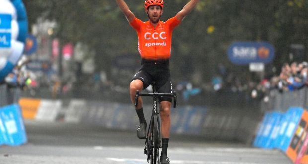 Czech Republic’s Josef Cerny celebrates winning the 19th stage of the Giro d’Italia  from Morbegno to Asti, Italy. Photograph: Marco Alpozzi/LaPresse via AP