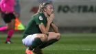 Louise Quinn after the final whistle of the Republic of Ireland’s European Championship qualifier against Ukraine at the Obolon Arena in Kiev. Photograph: Aleksandar Djorovic/Inpho
