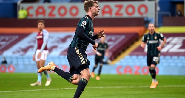 Leeds United’s Patrick Bamford celebrates after completing his hat-trick in the Premier League game against Aston Villa at Villa Park. Photograph: Laurence Griffiths/PA Wire