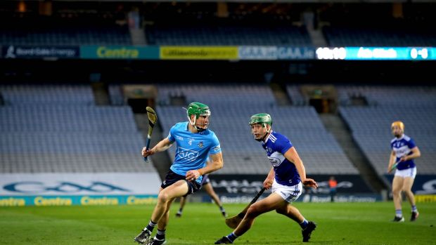 Dublin and Laois in action at Croke Park on Saturday evening. Photograph: Ryan Byrne/Inpho
