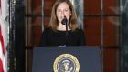 Supreme Court justice Amy Coney Barrett speaks during her swearing-in ceremony at the White House in Washington, on Monday. Photograph: Oliver Contreras/The New York Times