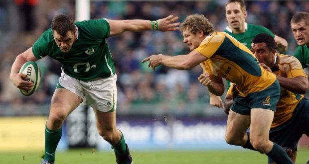 Cian Healy makes a break against Australia on his debut at Croke Park in 2009. Photograph: James Crombie/Inpho