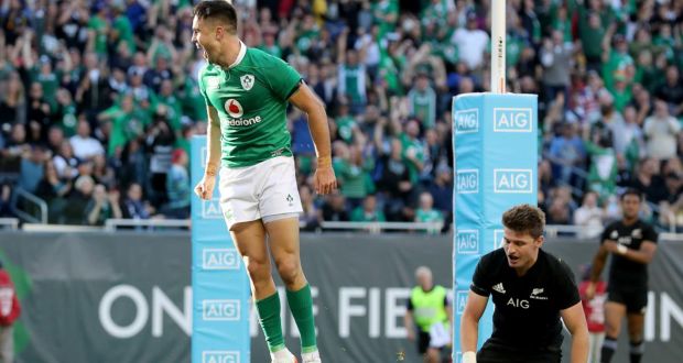 Conor Murray celebrates after scoring Ireland’s third try during the game against New Zealand at Soldier Field in Chicago in November 2016. Photograph: Dan Sheridan/Inpho