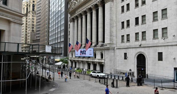 The New York Stock Exchange on Wall Street, where trading has turned volatile due to surging Covid-19 cases. Photograph: Angela Weiss/AFP
